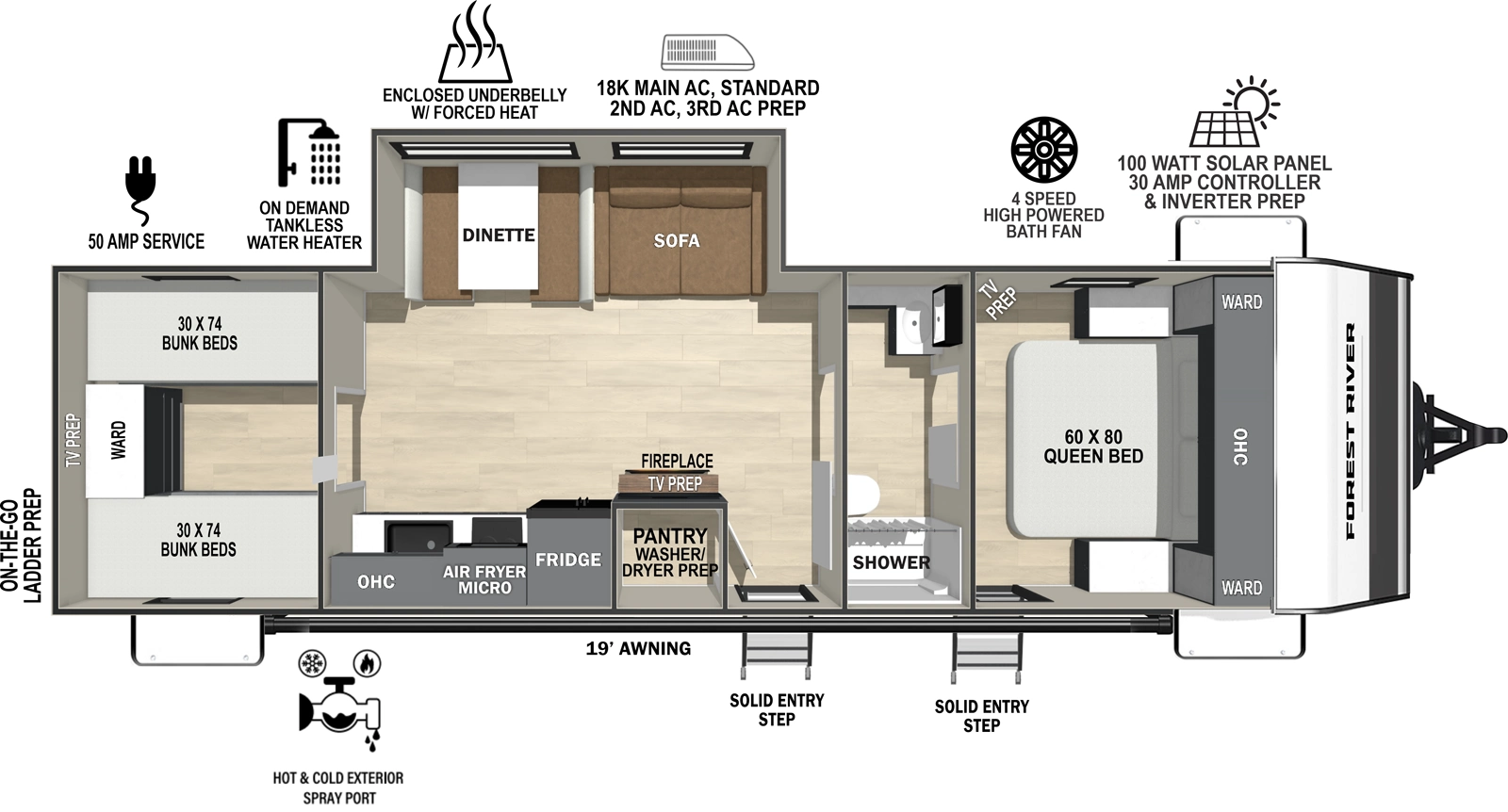 The Ibex New Trail Edition TRAIL28 floorplan has two entries and one slide out. Exterior features include: fiberglass exterior and 19' awning. Interiors features include: bunk beds, front bedroom and pass through bathroom.